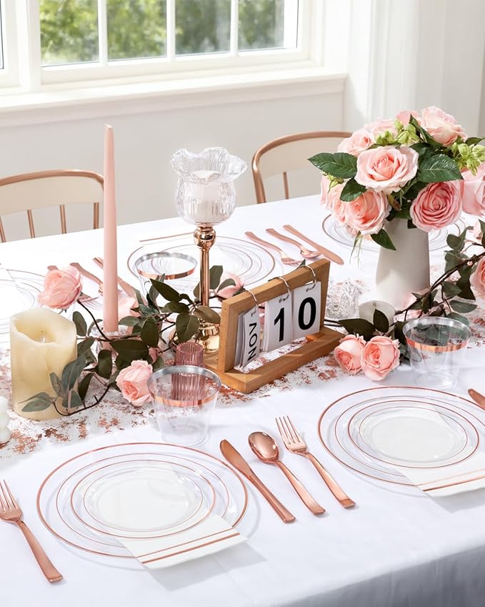 GATHER 700PCS Rose Gold Plastic Plates - Clear Rose Gold Rim Disposable Dinnerware Set Includes 200 Plates, 300 Silverware, 100 Napkins, 100 Cups for Party & Wedding & Valentine's Day
