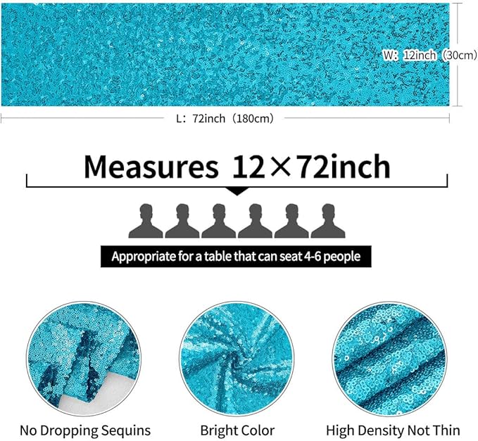 6 Packs 12 x 72 inches Turquoise Sequin Table Runner, Glitter Runner for Birthday Party Supplies Decorations Wedding Bachelorette Holiday Celebration Bridal Shower Baby Shower