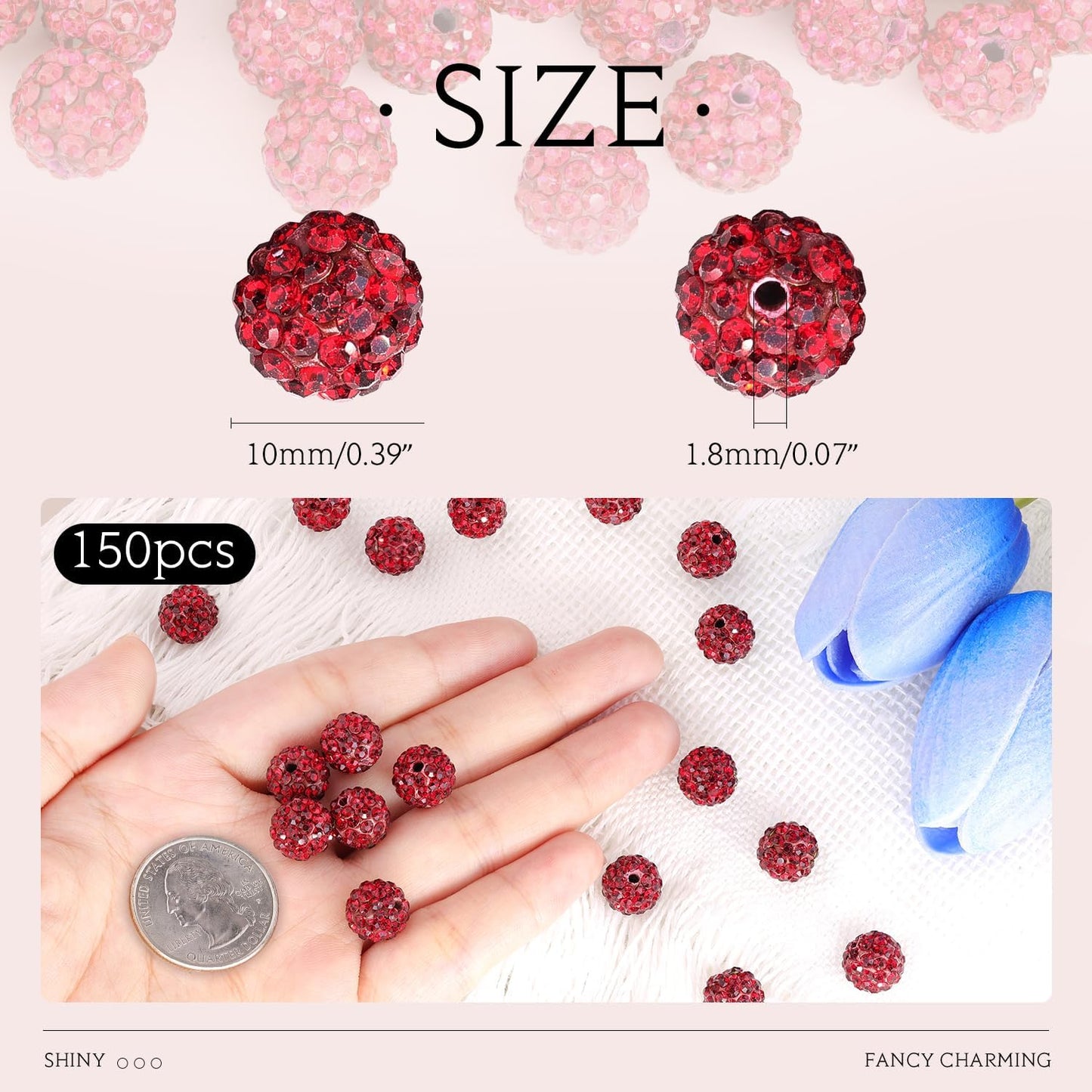 150 pcs 10mm Rhinestone Beads for Jewelry Making, Dark Red Shiny Round Shamballa Disco Beads Bulk, Sparkle Crystal Clay Christmas for Bracelet Baseball Necklace Earring Crafting and DIY
