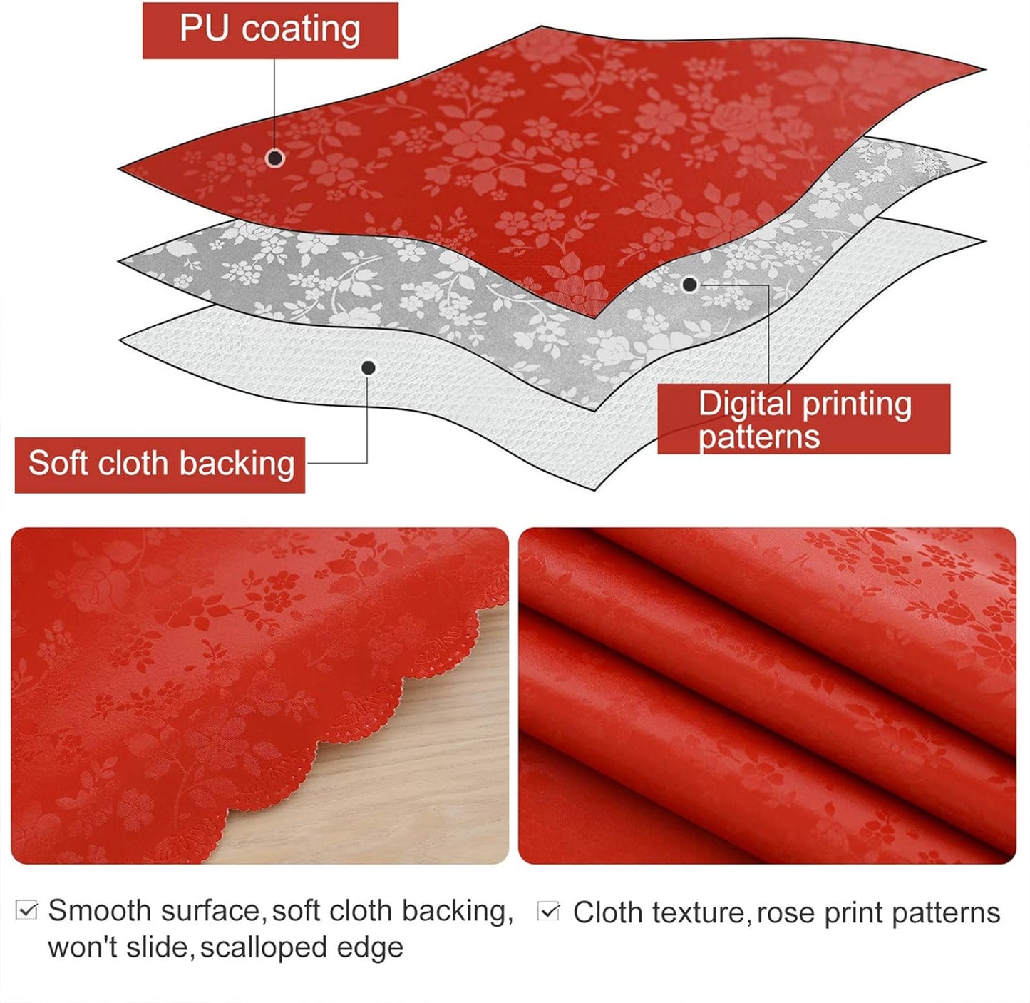 smiry Waterproof Vinyl Tablecloth, Rectangle Heavy Duty Table Cloth, Wipeable Table Cover for Kitchen and Dining Room (Red, 60X102 Inch)