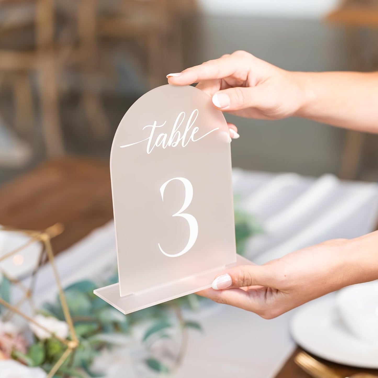 Frosted Arch Acrylic Table Numbers for Wedding Reception - 5" x 7" White Font Centerpiece Set with Holder Stands & Head Table Sign - Anniversary, Event, Party, Wedding set1-10