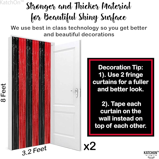 KatchOn Red and Black Fringe Curtain - 6.4x8 Ft Pack of 2 | Red and Black Streamers for Casino Theme Party Decorations | Foil Fringe for Anniversary, Bachelorette, Birthday Decorations