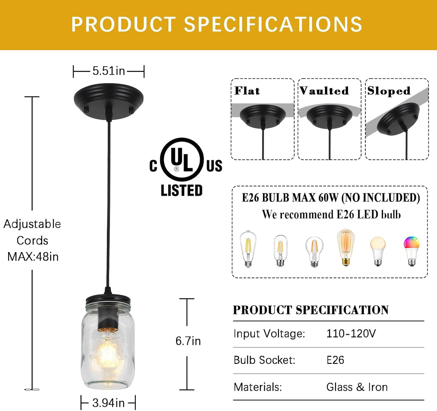 Glass Pendant Lights Kitchen Island, 1-Light Black Pendant Light Fixtures with Mason Jar Clear Glass Shade, Farmhouse Hanging Light for Kitchen Sink Dining Room Bedroom Hallway