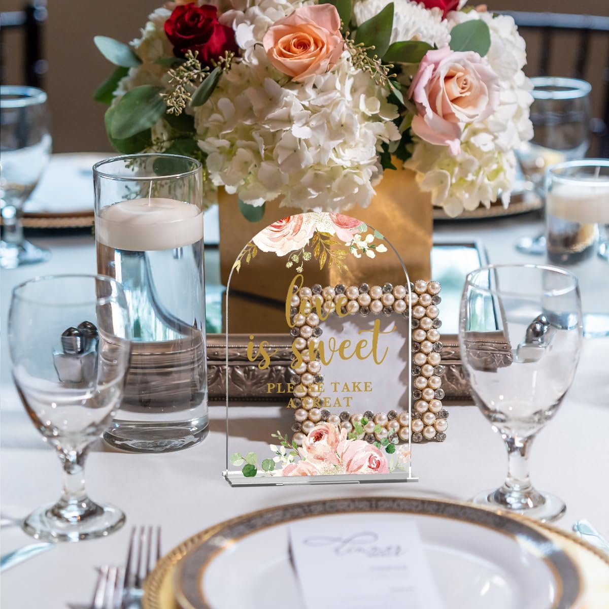 Acrylic Wedding Signs, Bridal Shower Decorations, Love is Sweet Signs for Reception, Modern Calligraphy Arch Acrylic Table Top Sign for Wedding Reception and Engagement Parties (Clear Pink Flowers)