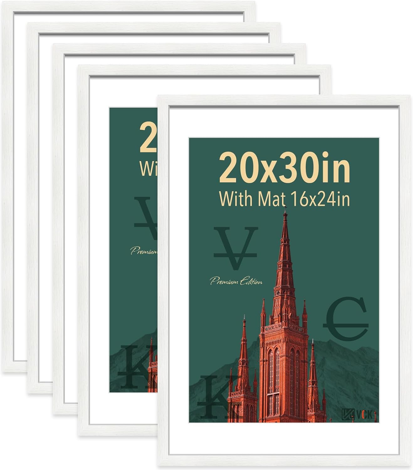 VCK 20x30 Poster Frame White - 5 Pack, Solid Wood Picture Frame | Matted to 16x24 or 20x30 without Mat | Textured Exclusive | Wall Mounting Hanging