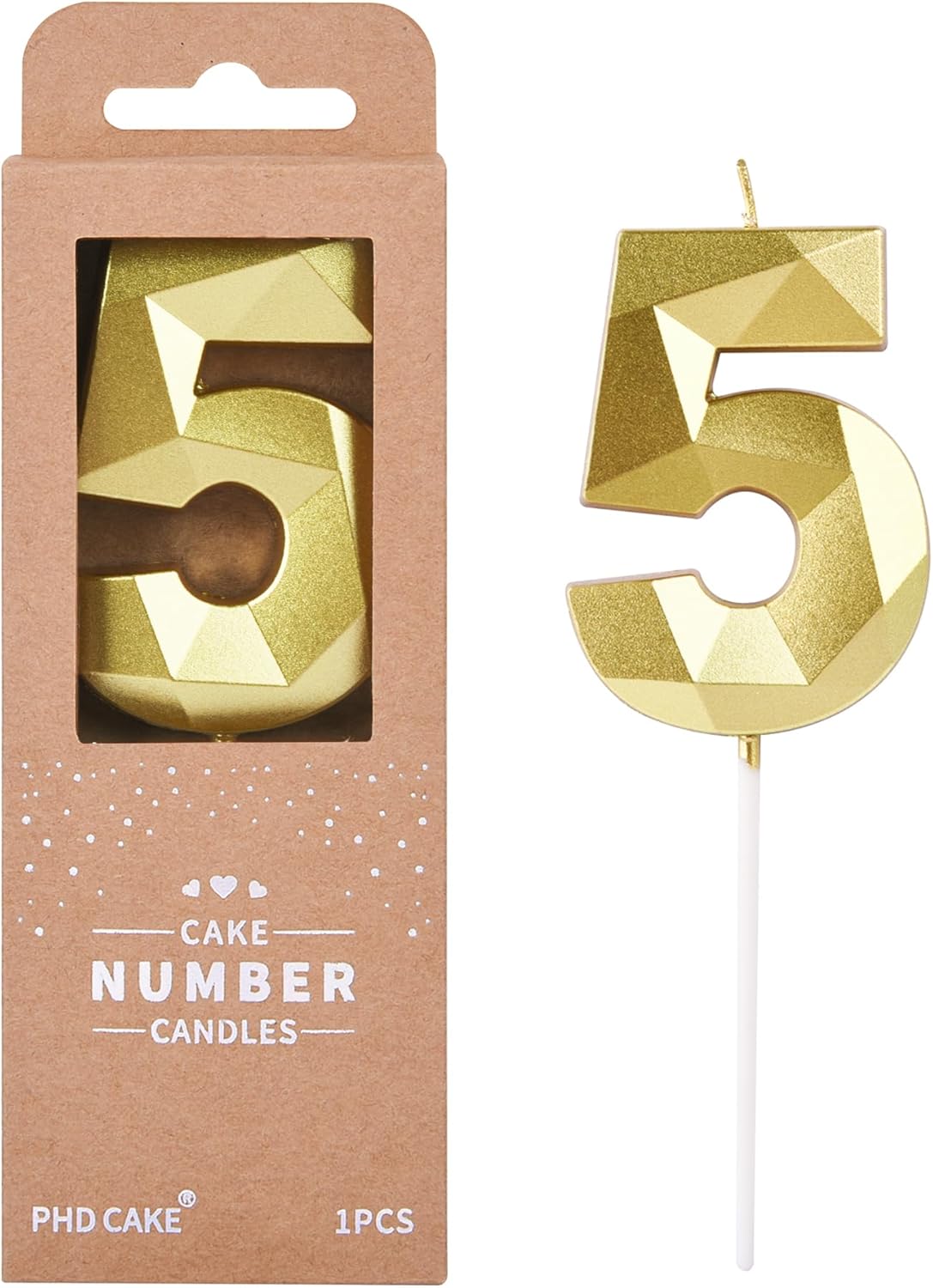 PHD CAKE 2.76 Inch Crystal Gold 5 Number Birthday Candles, Gold Cake Candles for Party Celebration