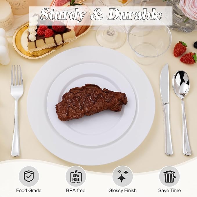 BESTSTAR 200PCS White Plastic Plates Set, 100 10.25 inch Dinner Plate and 100 7.5 inch Dessert Plates, Premium Disposable Plates for Party, Wedding