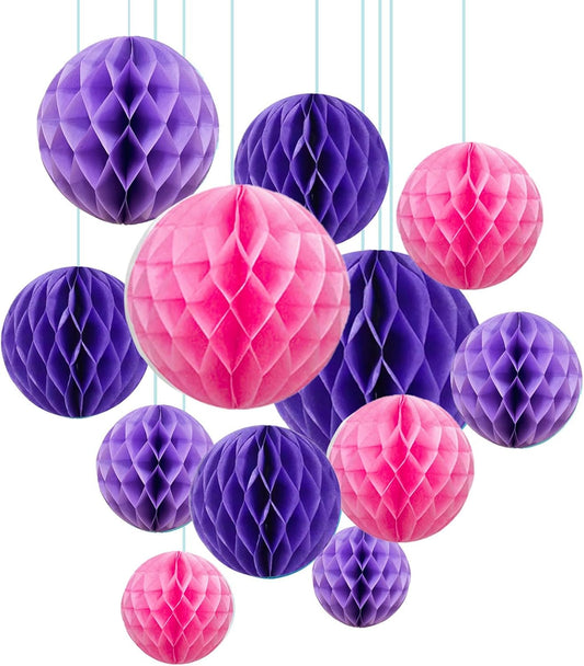 ZOOYOO 12Pcs 6" 10" Honeycomb Balls Decorations Hanging Tissue Paper Pom Poms for Birthday Wedding Engagement Girls Party Baby Shower Decorations(Purple Pink)