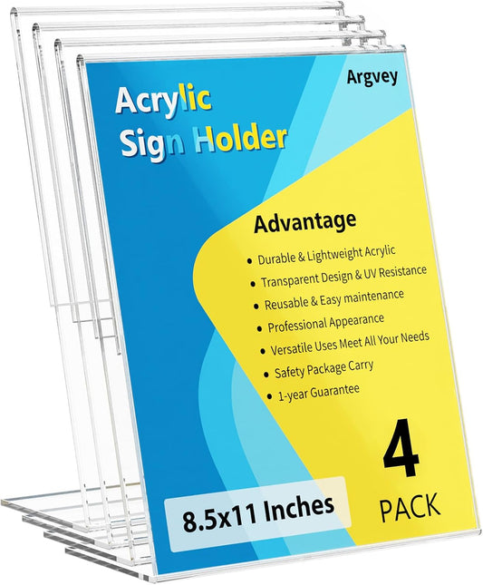 4 Pack Acrylic Sign Holder 8.5x11, Clear Plastic Slanted Back Sign Holders, Desktop Papers Menus Frame Flyer Document Holder Display Stand for Coffee Shops, Hotels, Offices, Public Spaces