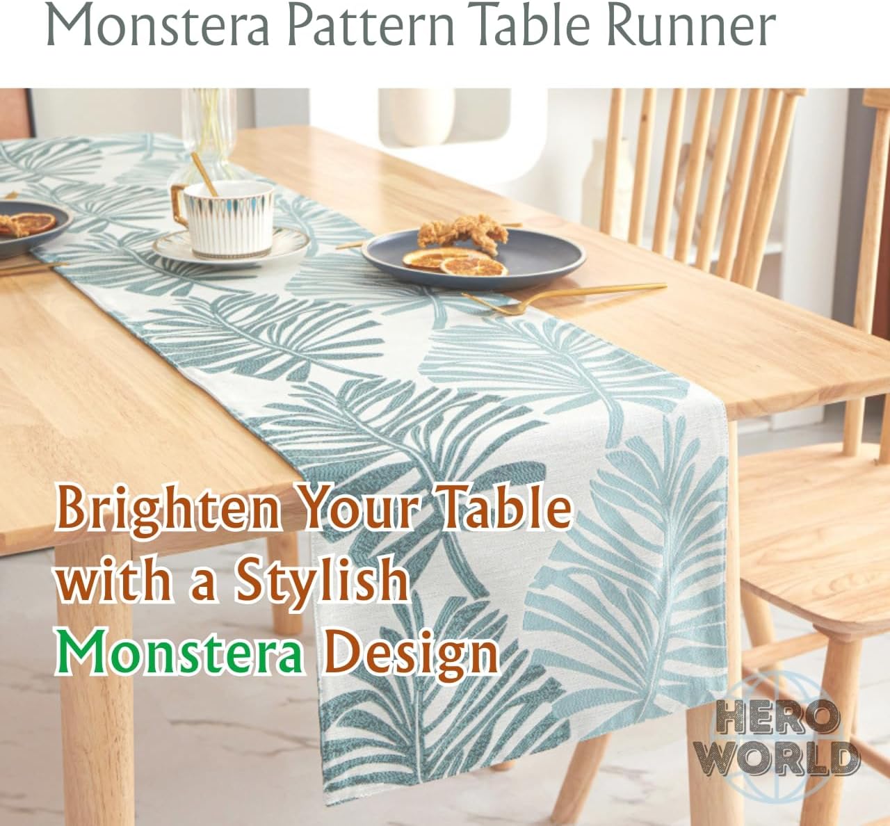 Monstera Leaf Table Runner – Elegant Fabric Table Centerpiece, Machine Washable, Gold or Green, 71"/83"/94" Length, 13" Width (Green/83)