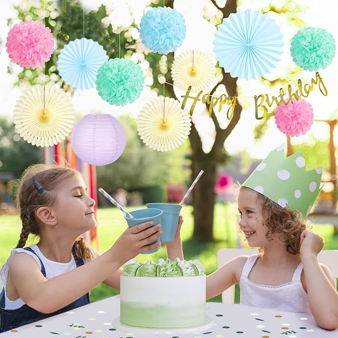 SUNBEAUTY Pastel Birthday Party Decorations for Girls Women with Happy Birthday Banner Pastel Paper Fans Tissue Pom Poms Lantern Decorations Birthday Decorations Kit