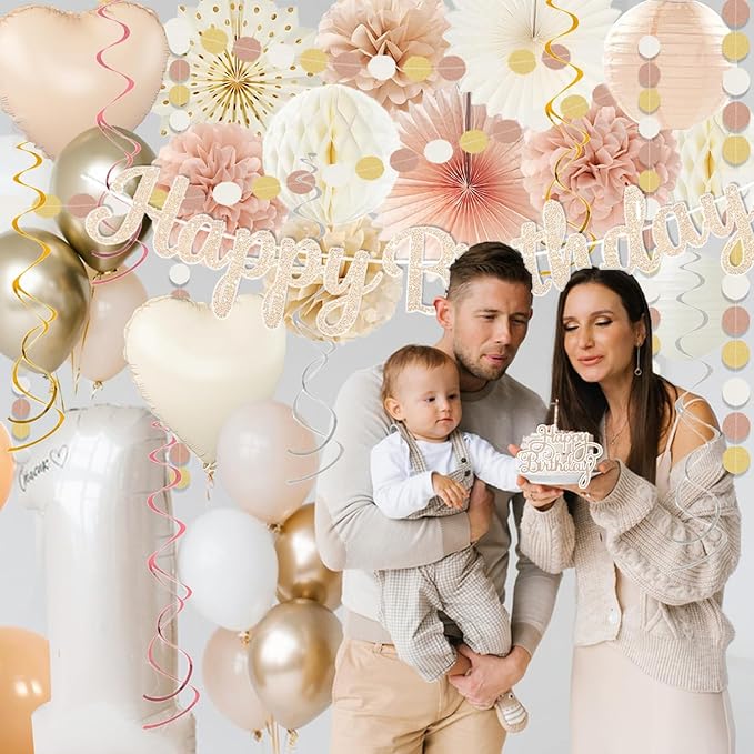Champagne-Gold Beige Fall Boho Birthday Party Decorations 62pcs Happy Birthday Banner, Peach White Paper Lanterns, Streamers, Tissue Pom Poms, Blush Beige Boho Party Balloons, Rustic Backdrop Decor
