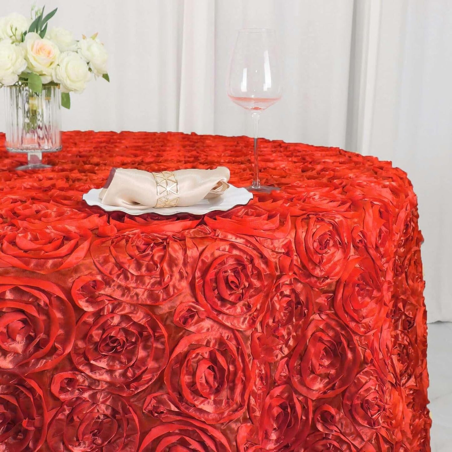 Efavormart 120" Wholesale Round Table Cover RED Grandiose Rosette 3D Satin Tablecloth for Wedding Party Event Decoration