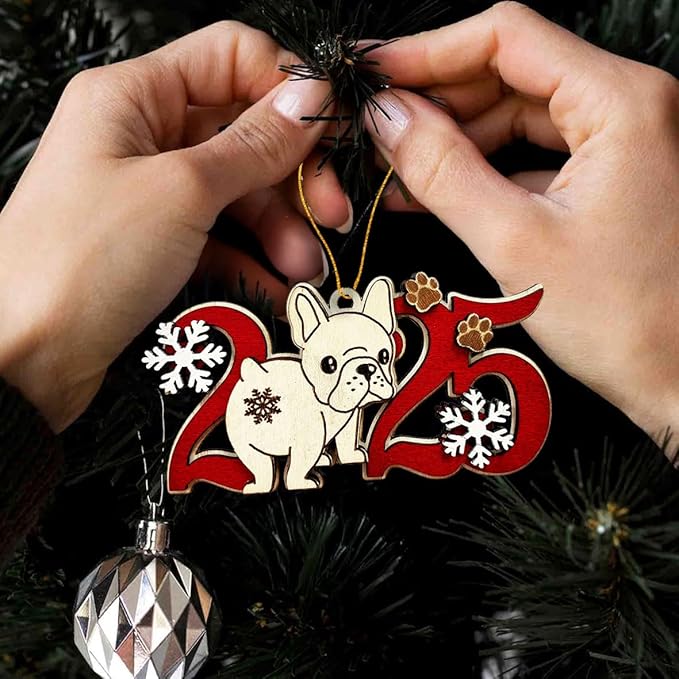 French Bulldog 2025 Christmas Ornament – Wooden Frenchie Dog Tree Decoration with Paw Prints & Snowflakes for Frenchie Lovers & Pet Owners