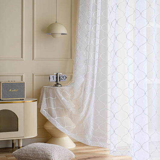 MYSTIC-HOME Embroidery White Sheer Curtains 84 Inches Long, Rod Pocket Sheer Drapes for Living Room, Bedroom, 2 Panels, 52"x84", Semi Crinkle Voile Window Treatments for Yard, Patio, Villa, Parlor.