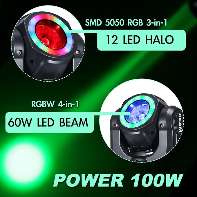 Moving Head DJ Lights 60W LED Stage Light, Beam with Halo Effect RGBW 4in1, Super Bright DMX512 Sound Control Spot Lighting for Show DJ Party Club Disco Wedding Events