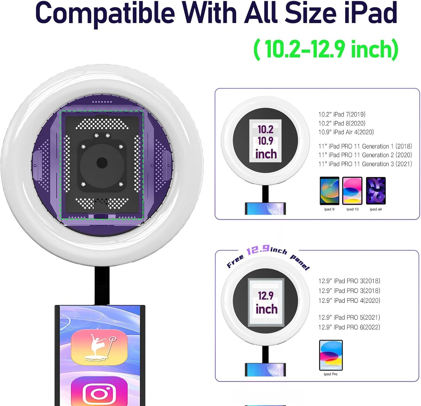 MWE Portable Photo Booth Machine Stand Compatible with Any Ipad with Software APP and Remote Control, RGB Ring Lights Music Sync, Free Custom Logo,Flight Case with Wheels (Black, Light Box)