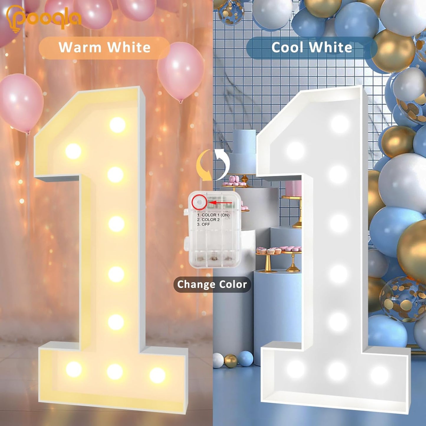 Pooqla 4 FT Light Up Marquee Numbers, LED Large Lighted Marquee Numbers, Giant Mosaic Light Up Number for Balloons 5th 15th 50th Birthday Party Decoration, Cool White and Warm White LED 5
