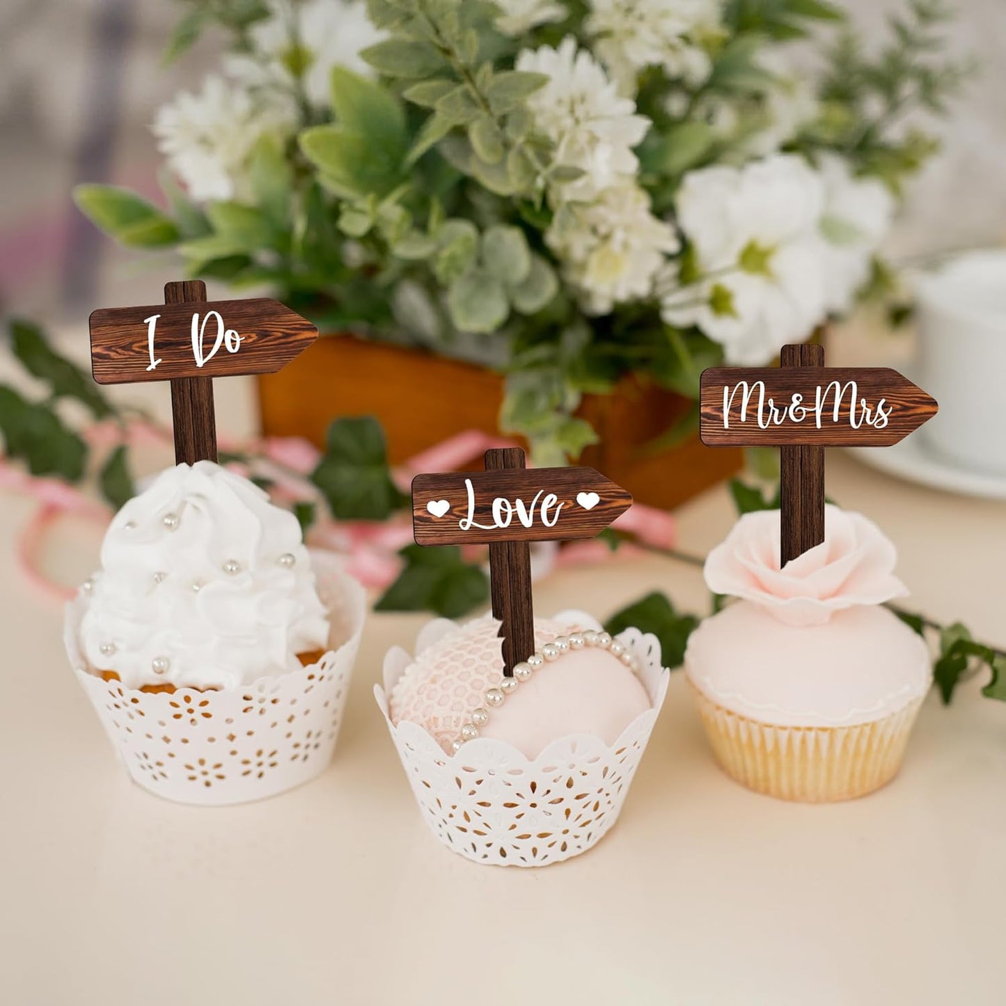 12 PCS Rustic Wedding Cupcake Toppers in Wood Wedding Engagement Cake Decorations
