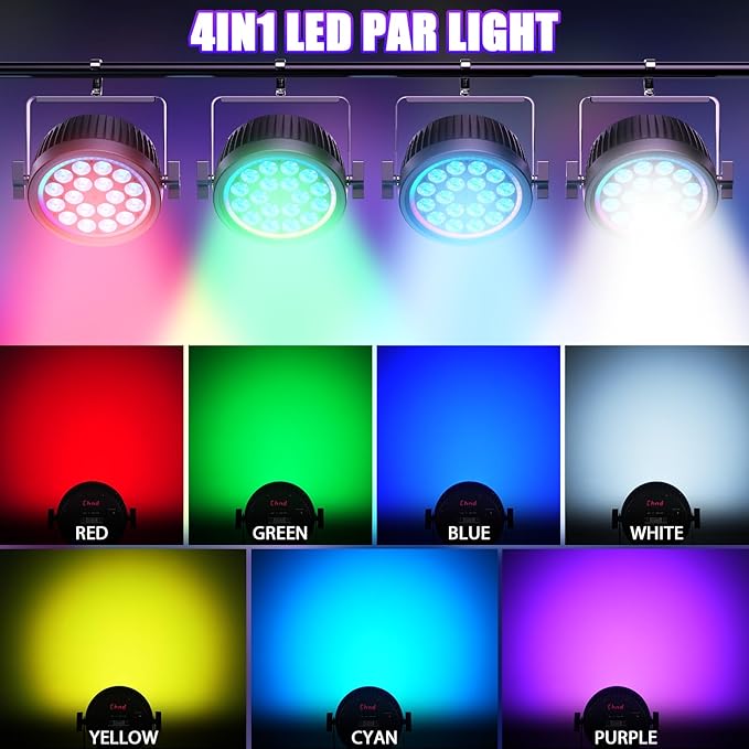 200W Aluminum Cast Fanless & Silent Stage Lights, 4 in 1 RGBW LED Par Lights with Dynamic Aperture, DMX512/Auto/Sound Activated Par Can Uplights for Events Wedding Bar Party Stage - 2Packs
