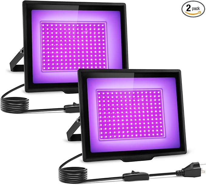 2 Pack 120W LED Black Lights, IP66 Waterproof Blacklight Flood Lights with Plug & Switch, UV Lighting for Halloween Party, Glow in The Dark, Body Paint, Stage & Neon Glow Deco