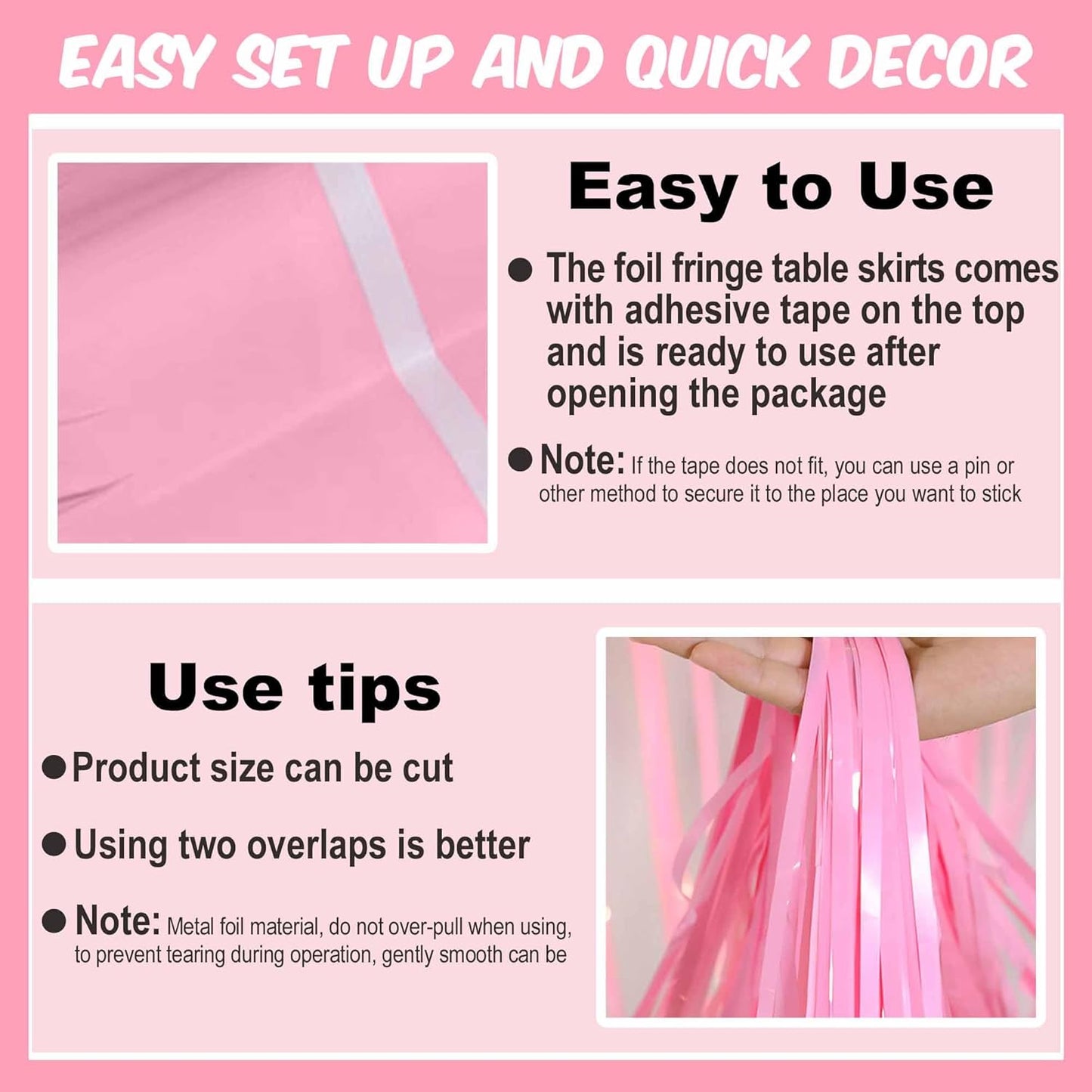 3 Pack 29 x108 Inch Macaron Pink Foil Fringe Table Skirts Metallic Banner for Tinsel Streamer Garland Backdrop for Parade Floats Mother's Day, Graduate, Birthday, Wedding Party Decoration