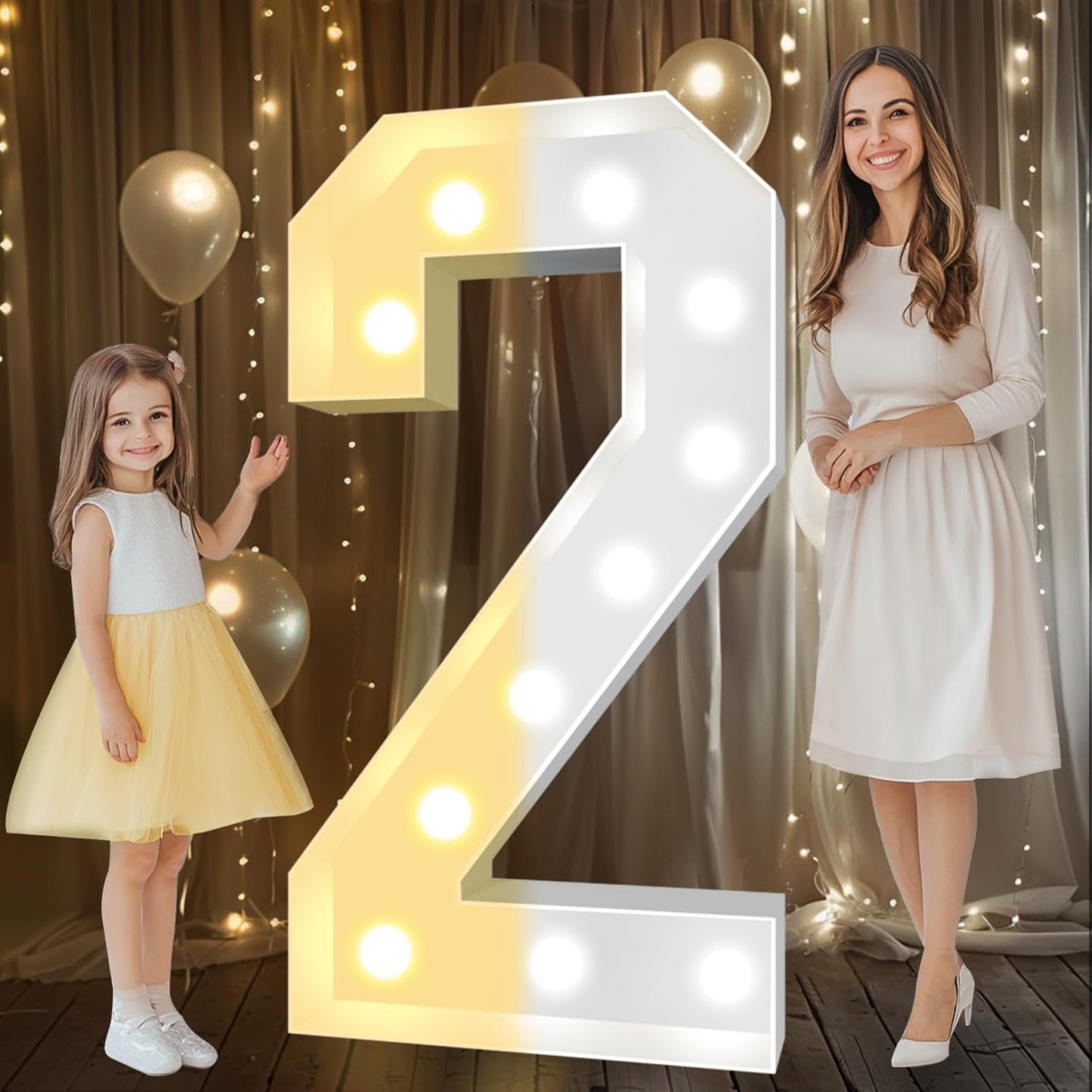 Pooqla 4 FT Light Up Marquee Numbers, Cool White and Warm White LED Large Lighted Marquee Numbers, Giant Mosaic Light Up Numbers for Balloons 2nd 20th 21st Birthday Party Decoration, LED Number 2