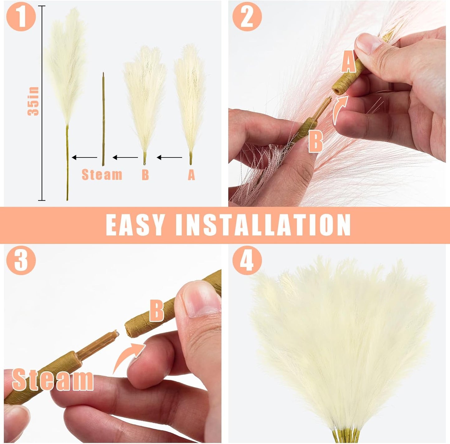 35" Faux Pampas Grass Decor, 8pcs Large Tall Fluffy Artificial Pompous Grass Branches Floral Fake Pompas Grass Bulrush Floor Vase Filler Flower Arrangement for Home Wedding Boho Decor Beige