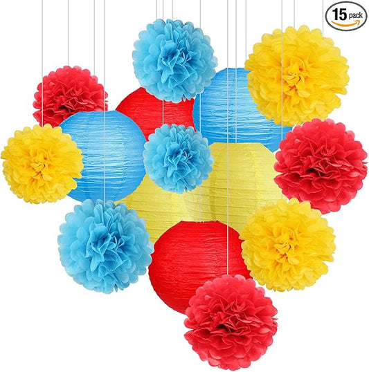 Carnival Circus Party Decorations, Red Yellow Blue Paper Lanterns and Pom Poms Flowers for Birthday Baby Showers Carnival Theme Rainbow Party Decor 15 Pieces