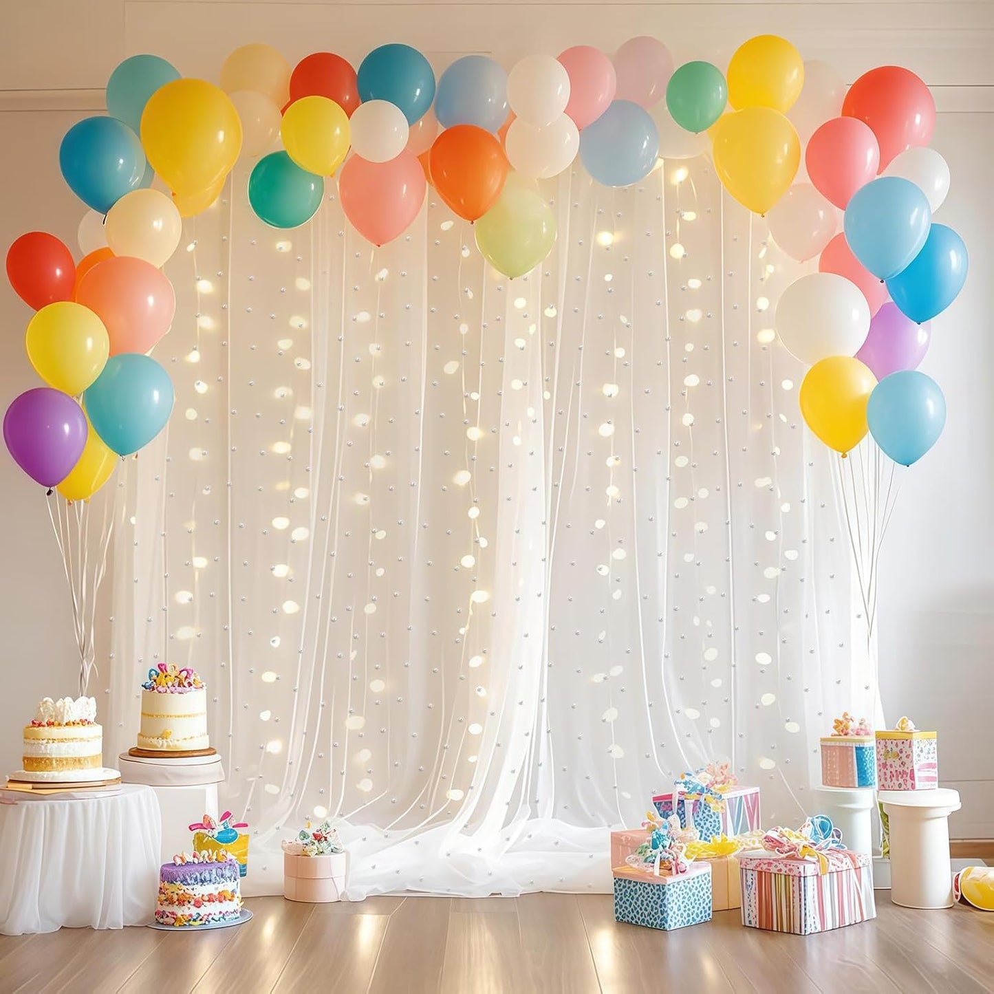 10 * 8FT White Pearl Tulle Double Layered Backdrop Curtain with Lights String and Lining Fabric for Wedding Baby Shower Birthday Parites Photo Decorations