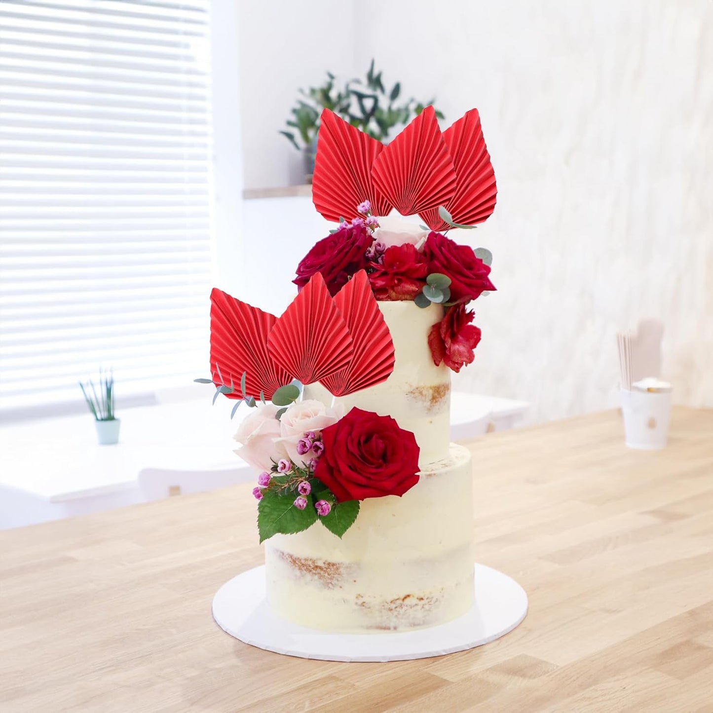 Ephlyn 6Pcs Paper Palm Fan Cake Topper Palm Leaf Fan Cake Pick Palm Spear Leaf DIY Cake Decorations for Bakeware Baby Shower Wedding Bridal Shower Birthday Anniversary Party Red