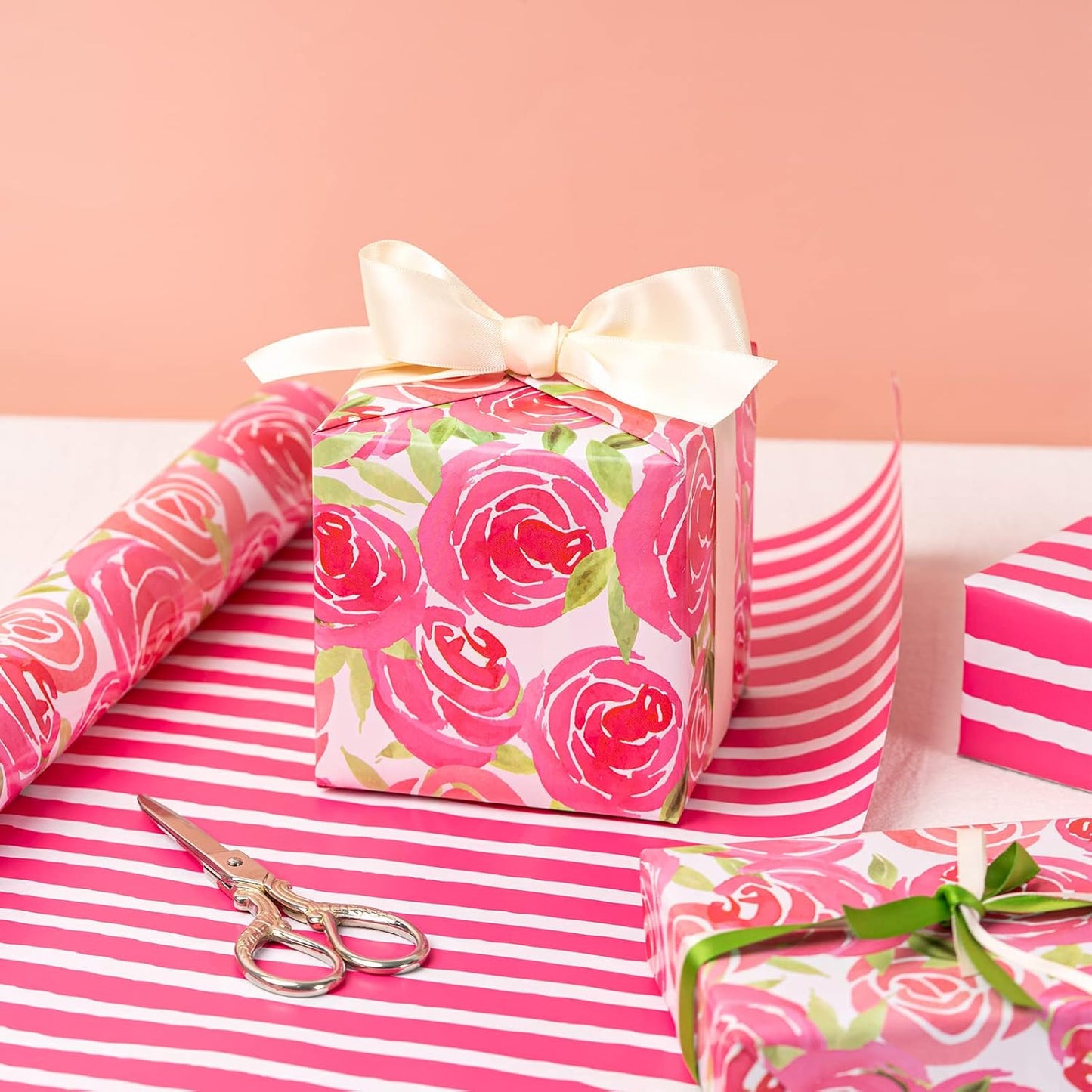 RUSPEPA Reversible Wrapping Paper Roll - Mini Roll - Watercolor Style Pink Rose and Stripe Pattern Great for Mother's Day, Birthday, Party, Wedding and More - 17 Inches X 32.8 Feet