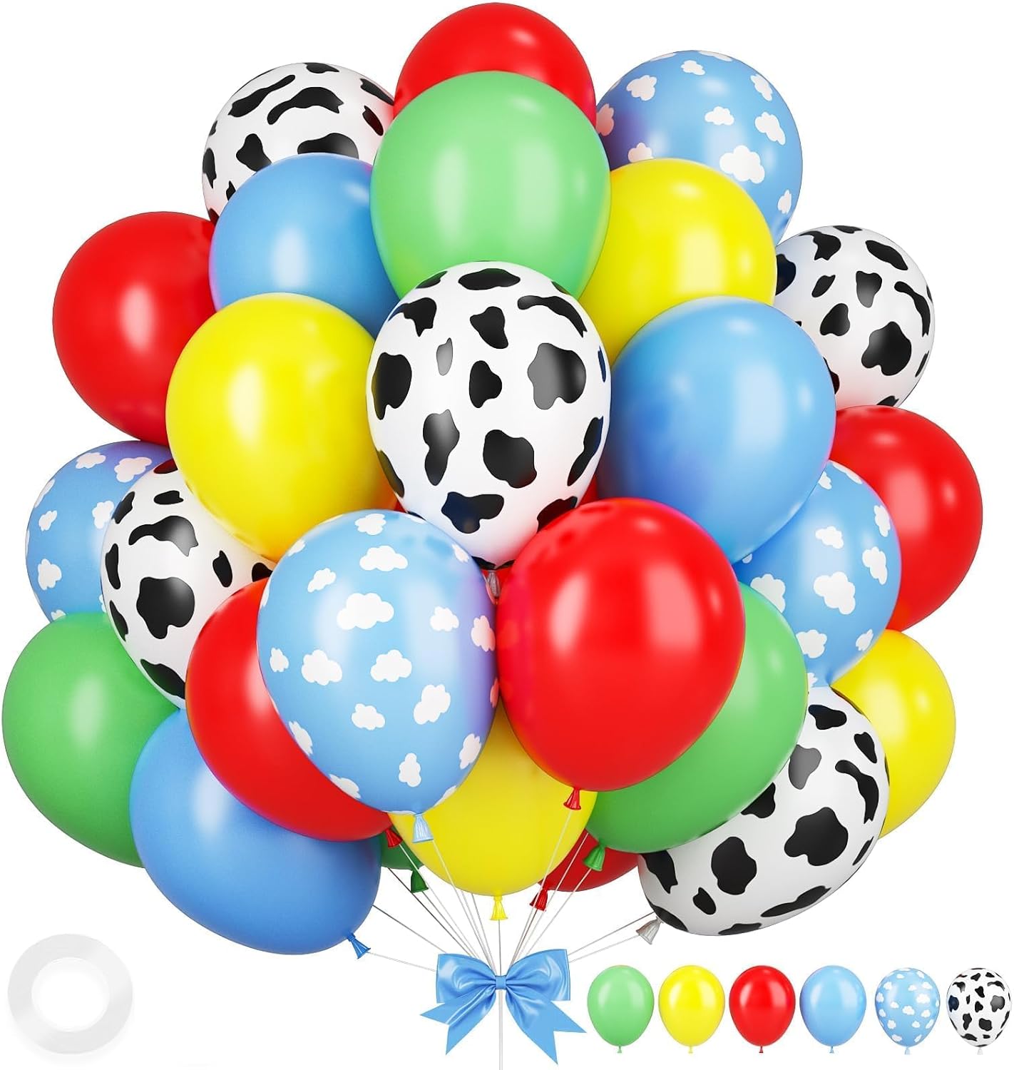 Blue Yellow Green Balloons, 12 Inches Yellow Light Blue Clouds White Cow Pattern Balloons for Boys Birthday, Countryside Theme Baby Shower Cow Party Decorations