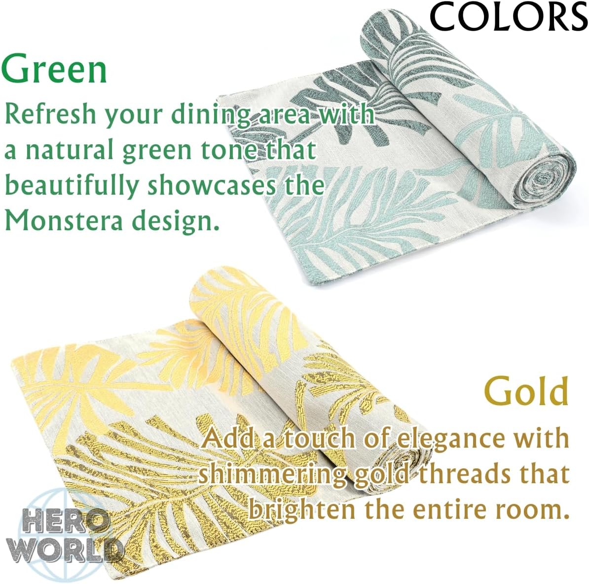 Monstera Leaf Table Runner – Elegant Fabric Table Centerpiece, Machine Washable, Gold or Green, 71"/83"/94" Length, 13" Width (Green/83)