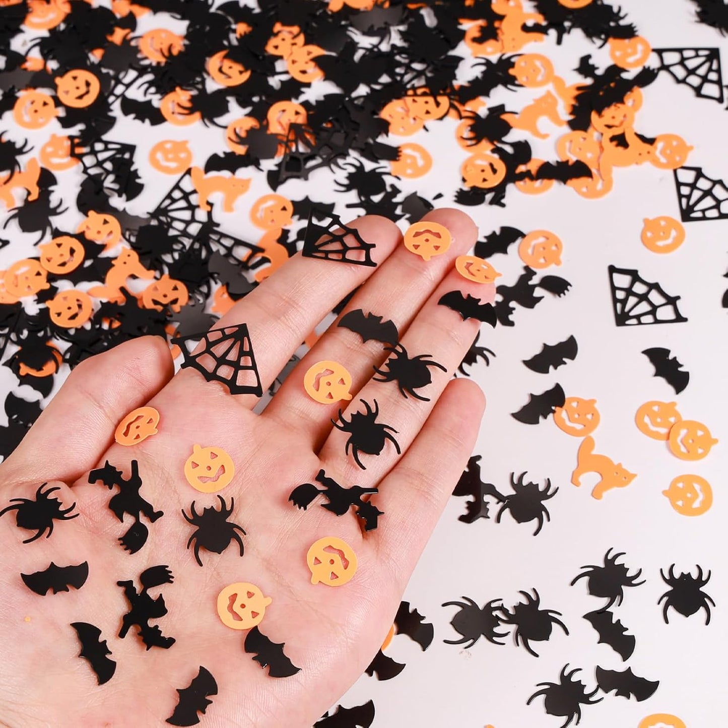 Orange and Black Halloween Party Table Scatter Confetti, 3000 Pcs Pumpkin Spider Webs Bat Foil Metallic Confetti for Halloween Party Table Decorations