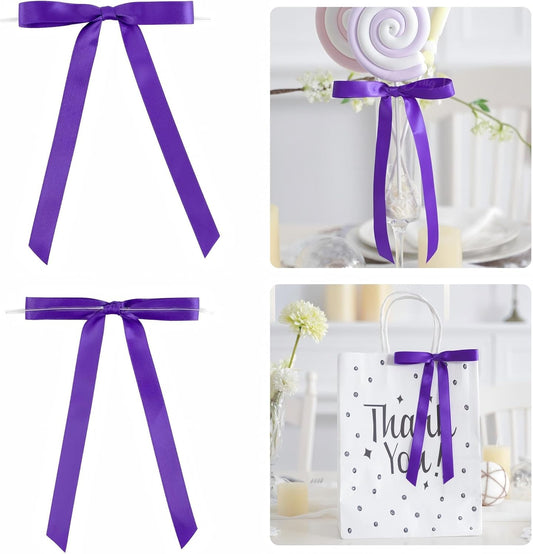 50 PCs Purple Bow 5 Inch Long Tail Bows for Gift Wrapping, Easter Bow Party Decorations, Twist Tie Bows, Satin Bows for Crafts, Premade Bows for Presents, Treat Bags, Bottles, Cakes