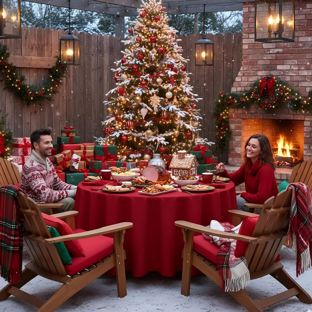 sancua Round Tablecloth - 120 Inch - Water Resistant Spill Proof Washable Polyester Table Cloth Decorative Fabric Table Cover for Dining Tables, Buffet Parties and Camping, Red