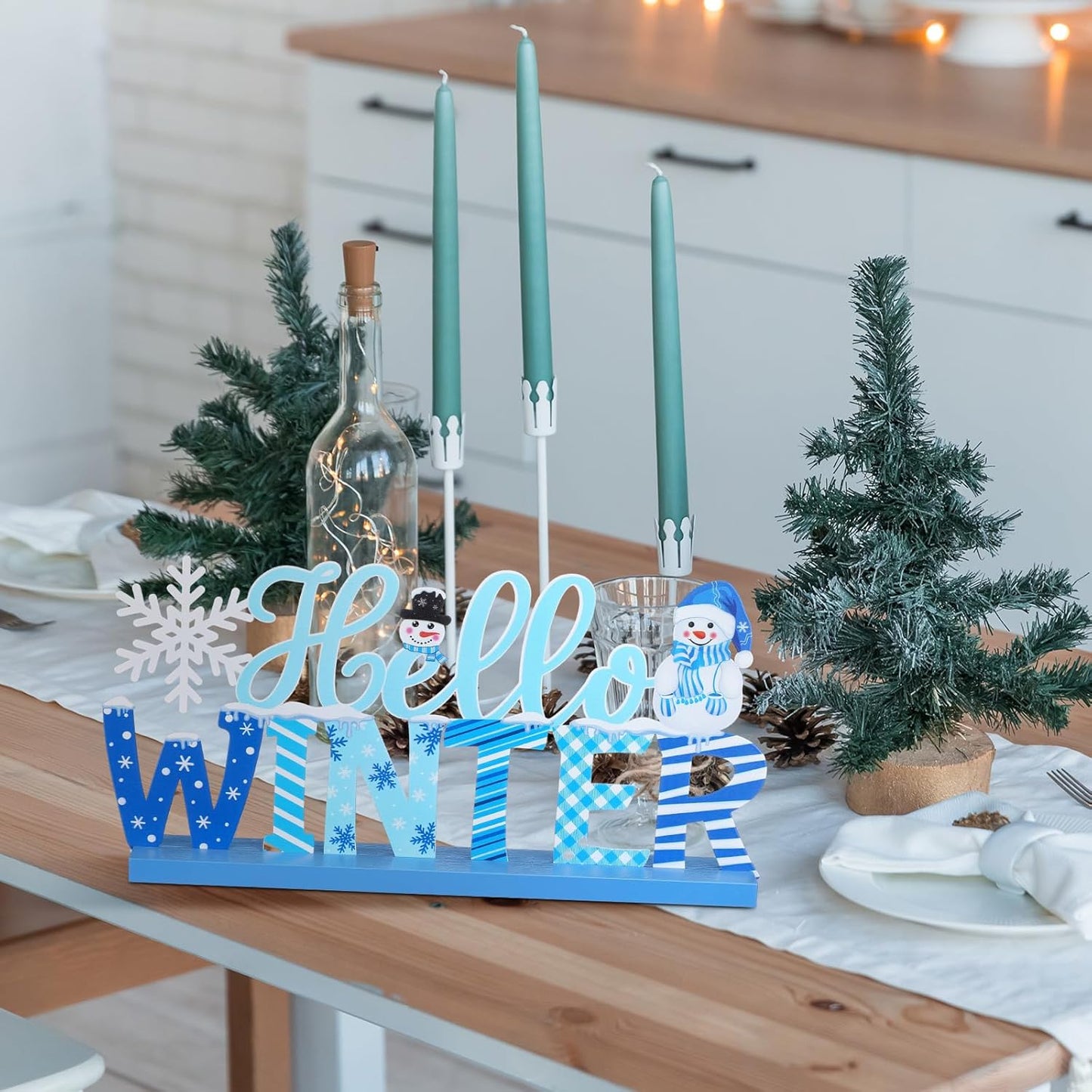 Winter Metal Sign Hello Winter Table Decor Christmas Tiered Tray Decor with Wooden Base Metal Blue and White Snowman Snowflake for Xmas Home Tabletop Centerpiece Mantel Shelf Fireplace