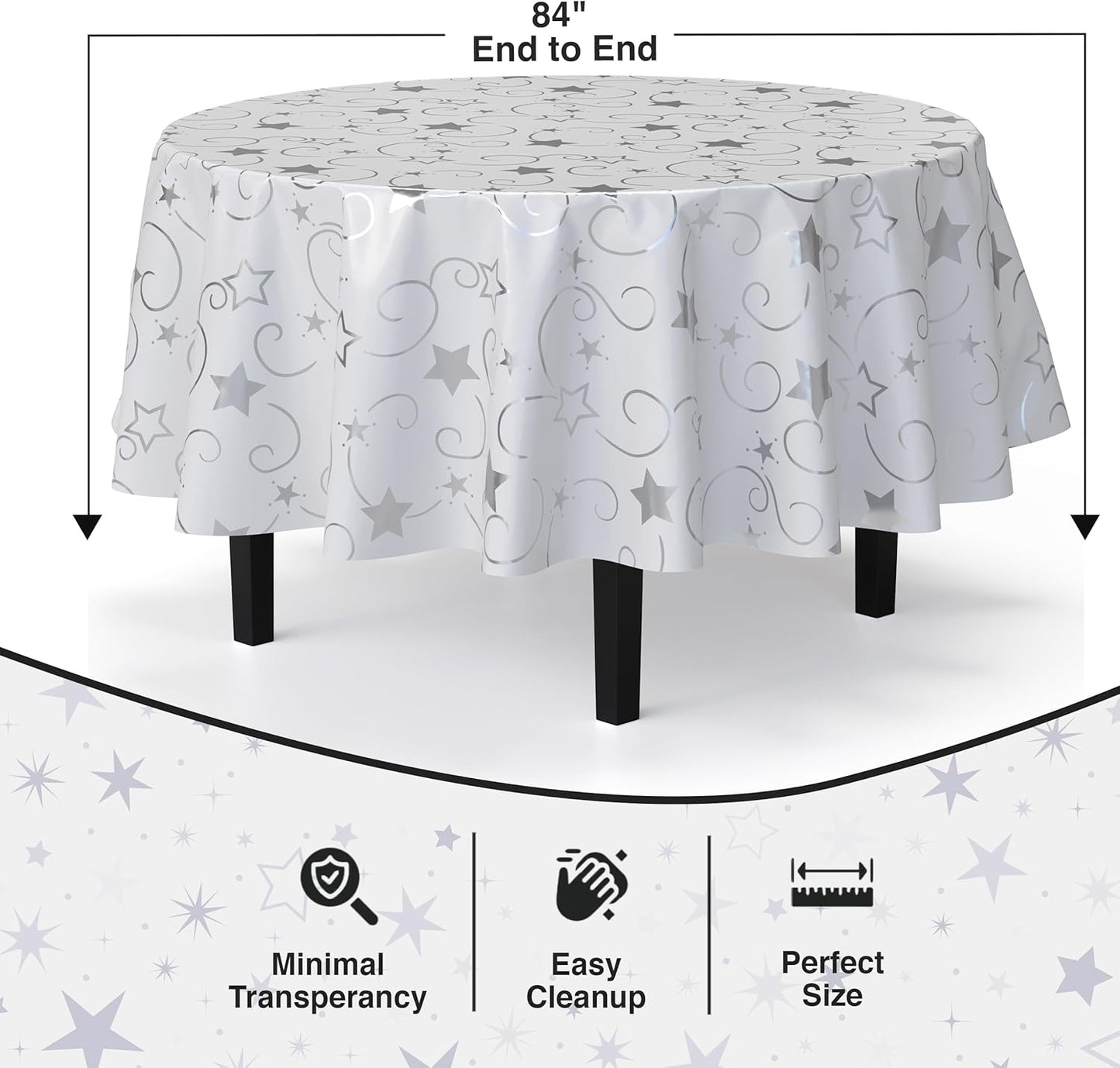 Exquisite Silver Star Tablecloth Plastic 12-Pack Disposable Round Tablecloths 84" Silver Star Table Cloths Round Table Covers Plastic Tablecloth for Party Decorations