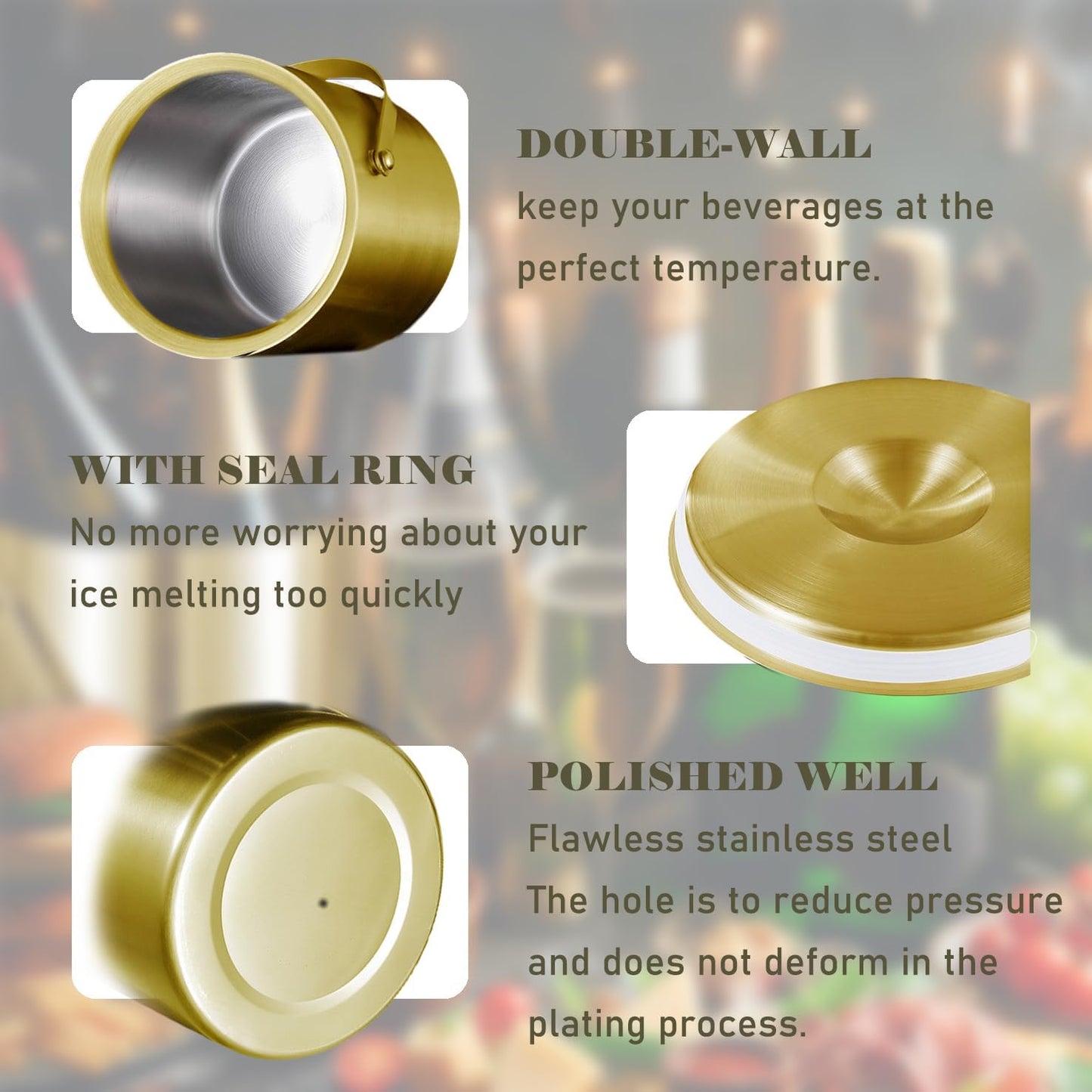 Gold Ice Bucket with Lid, Handle and Tong Insulated Stainless Steel Champagne Bucket 3L Wine Bucket for Party Bar Cart Accessories Large Double Wall Bucket Keep Frozen