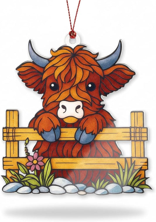 Highland Cow Ornaments, Highland Cow Gifts, Christmas Ornaments 2025, Cute Christmas Ornament, Farmhouse Xmas Orrnaments, Suncatcher Effect Stained Glass Window Hanging, Xmas Tree Hanging Decoration