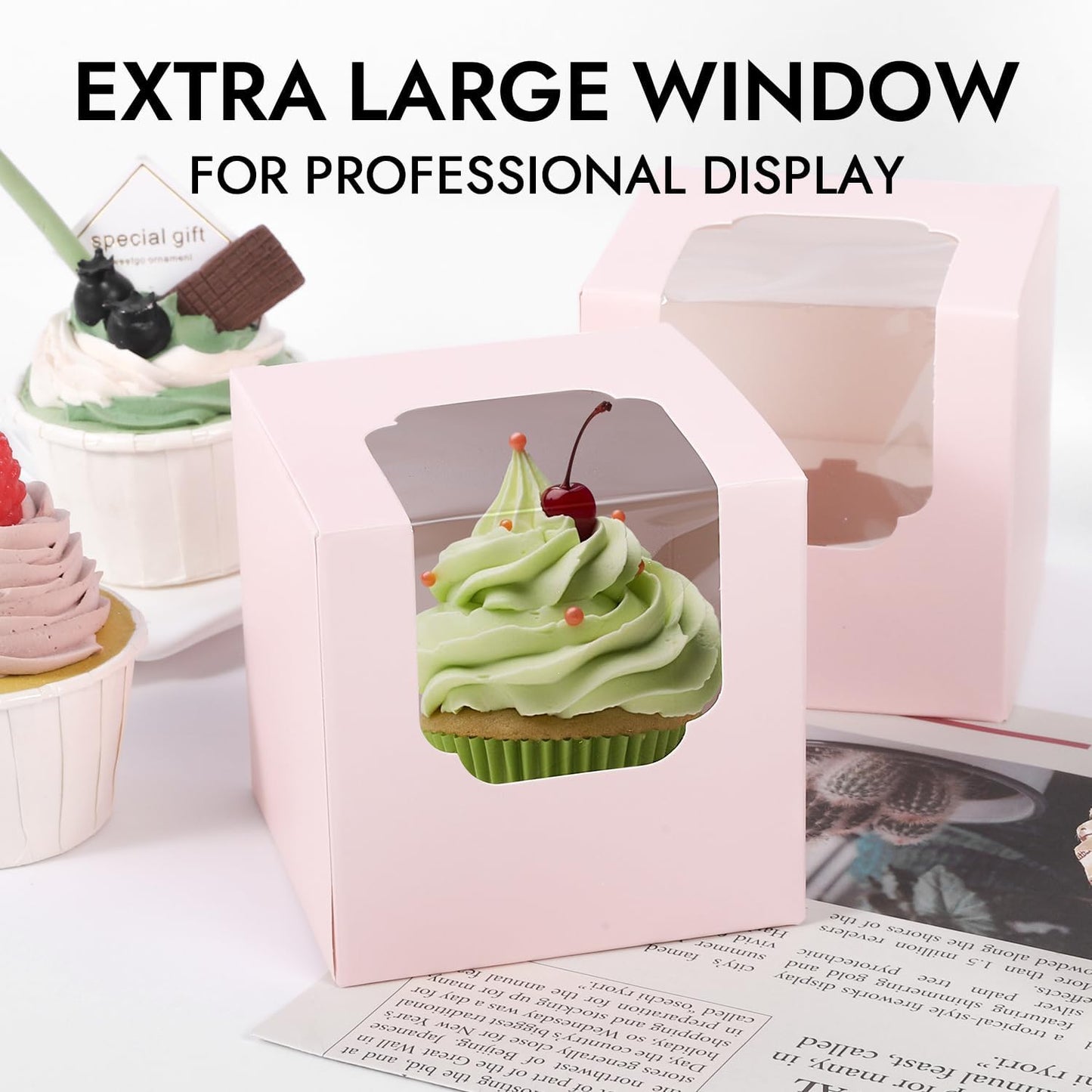 JCD 120 Pcs Individual Pink Cupcake Box with Insert, Cupcake Boxes Auto-pop up Individual Cupcake Container Brown PINK 3.5" x 3.5" x 3.5" Single Cupcake Boxes(Pink/120Pcs)