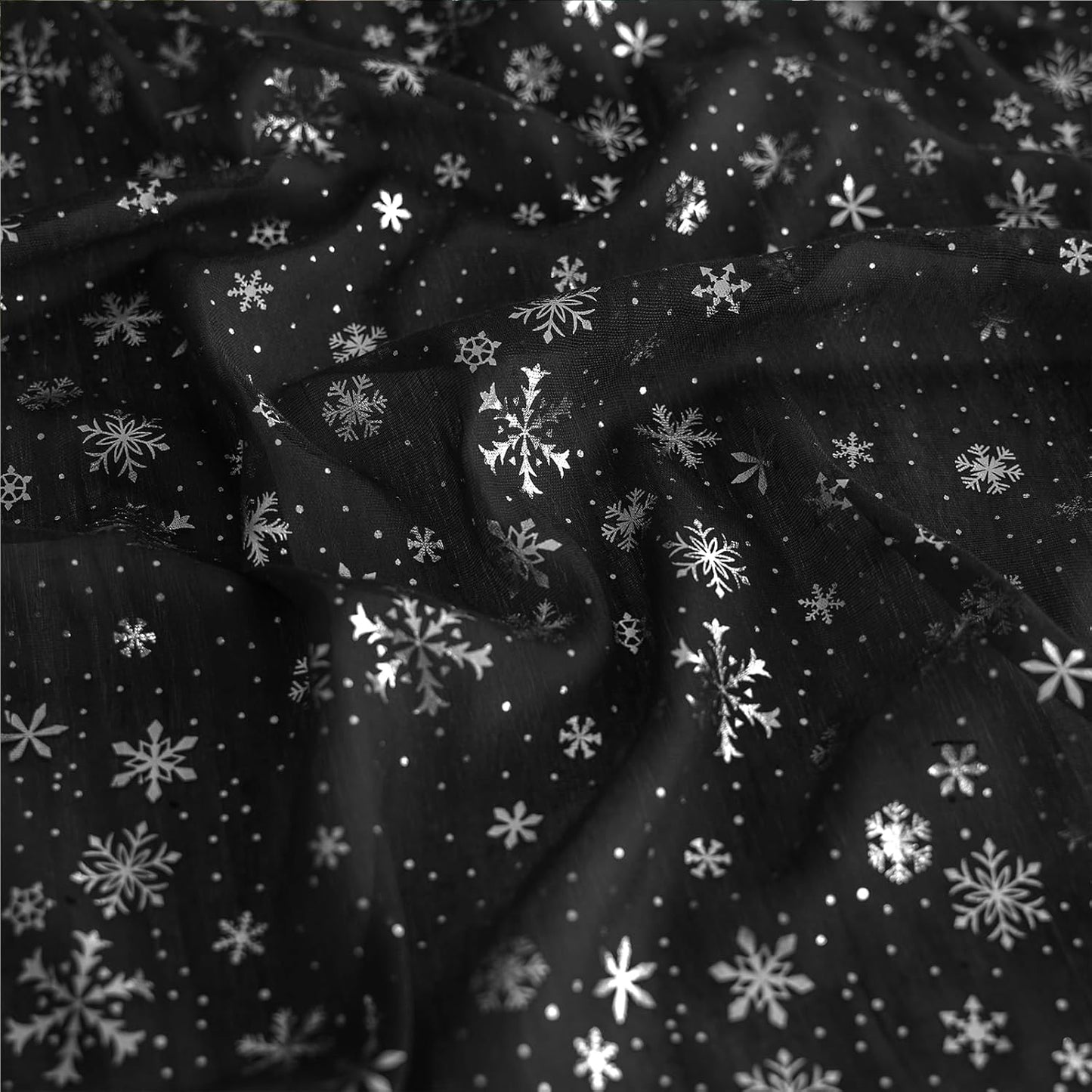 Silvery Snowflake Metallic Print Tulle Christmas Table Runner, Seasonal Winter Kitchen Dining Table Decoration for Home Party Decor 35x120 Inch (Black)