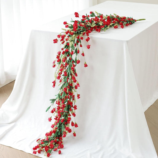 Mizii Burgundy Artificial Flower Garland 6FT Fake Wildflower Floral Garland Hanging Vines Spring Summer Flowers Decorations for Mantle Table Centerpieces Room Wall Fireplace Wedding Decor (Burgundy)