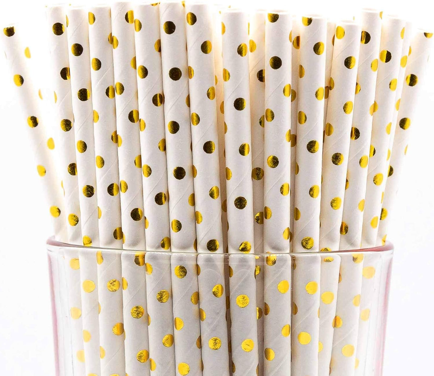 Pack of 150 Gold Polka Dot Foil Biodegradable 4-Ply Paper Drinking Straws (Compostable, Non-toxic, BPA-free)