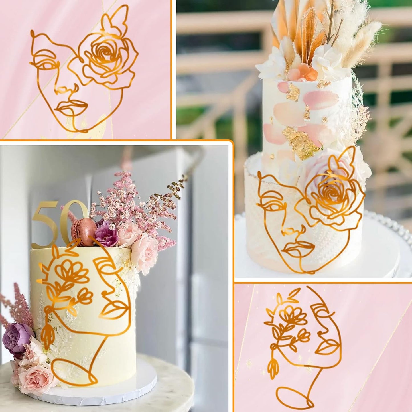 12 Pcs Acrylic Lady Face Cake Topper Minimalist Art Happy Birthday Cake Toppers Women Wedding Cake Decoration for Wedding Birthday Party (Gold)