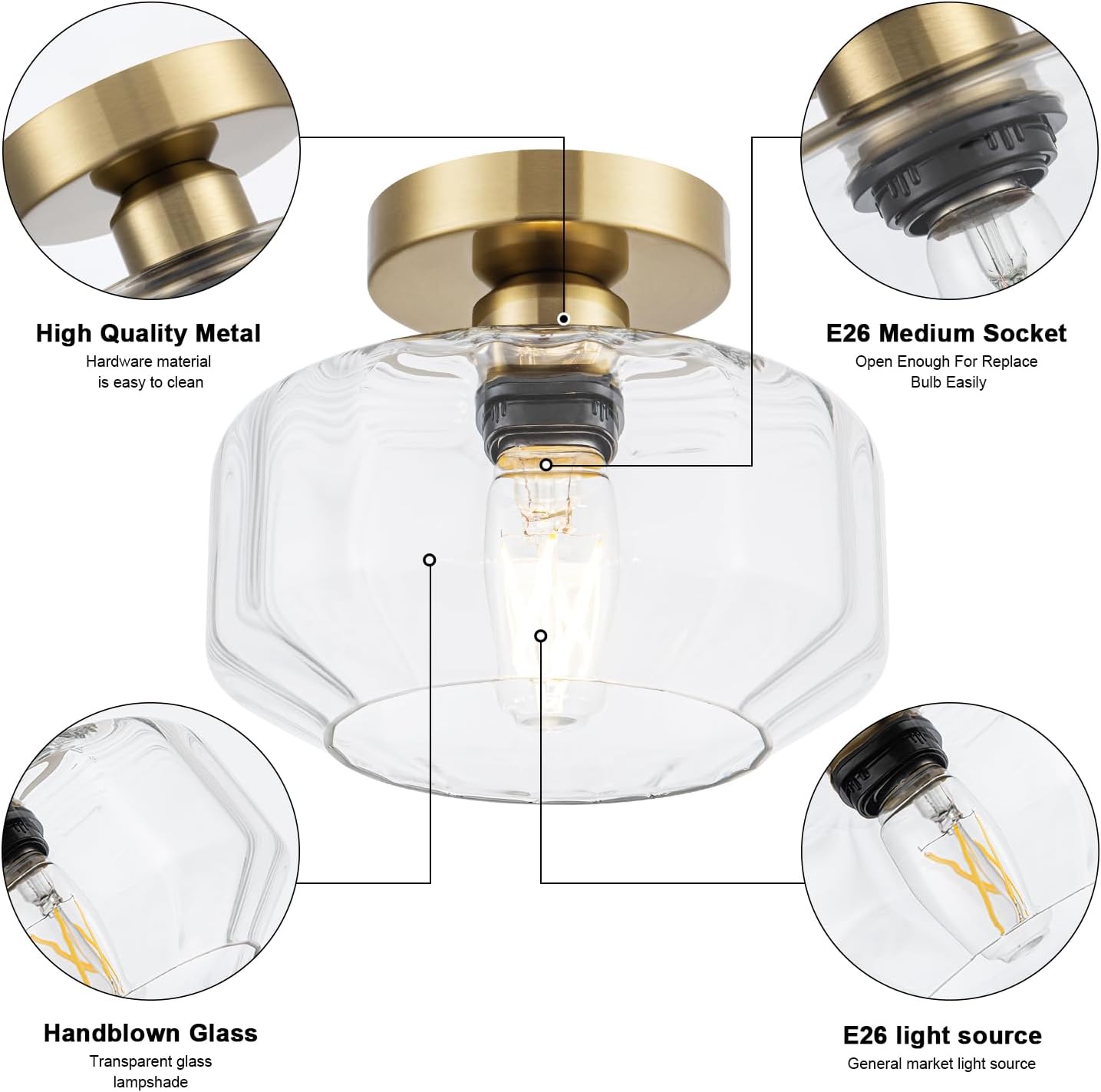 Gold Flush Mount Ceiling Light Modern - Hexagonal Diamond Faceted Glass, 50% Brighter 1200LM LED, Low-Profile for Kitchen/Hallway/Entryway, Tool-Free Installation (Brushed Gold Finish)