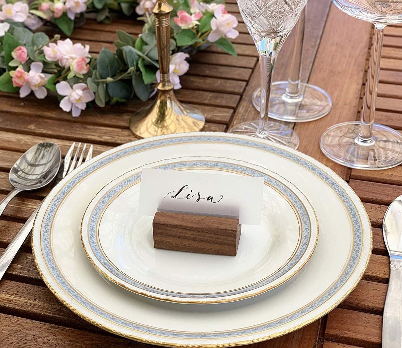 UNIQOOO 20 Pack Place Card Holders | Rustic Walnut Wood Escort Cards Display Stands | Table Number Sign and Photo Stand | Perfect for Retail Shop, Cafe, Home, Wedding, Dinner Party Events Decoration