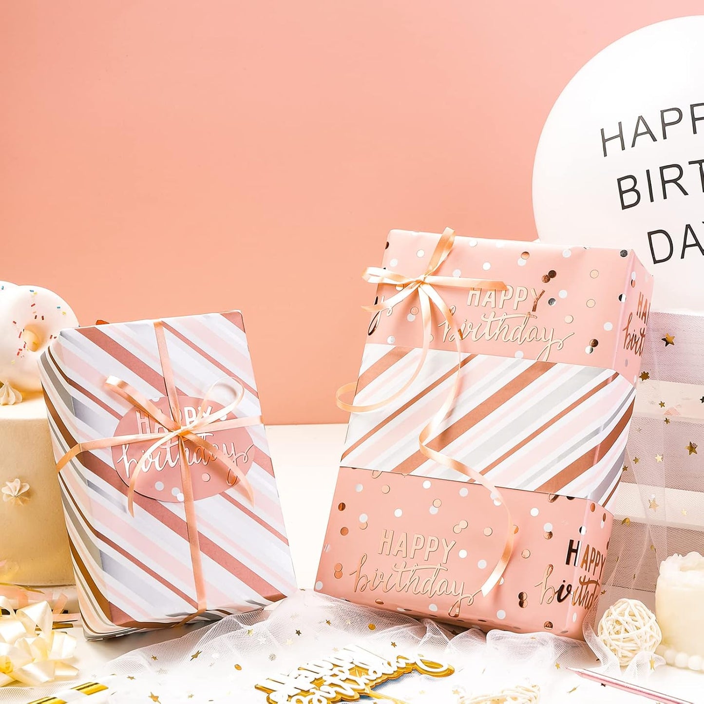 LeZakaa Reversible Pink Birthday Wrapping Paper Roll for Girls Women, Happy Birthday Lettering & Stripe Pattern with Metallic Foil in Pink, Mini Roll, 17 inches x 16.4 Feet
