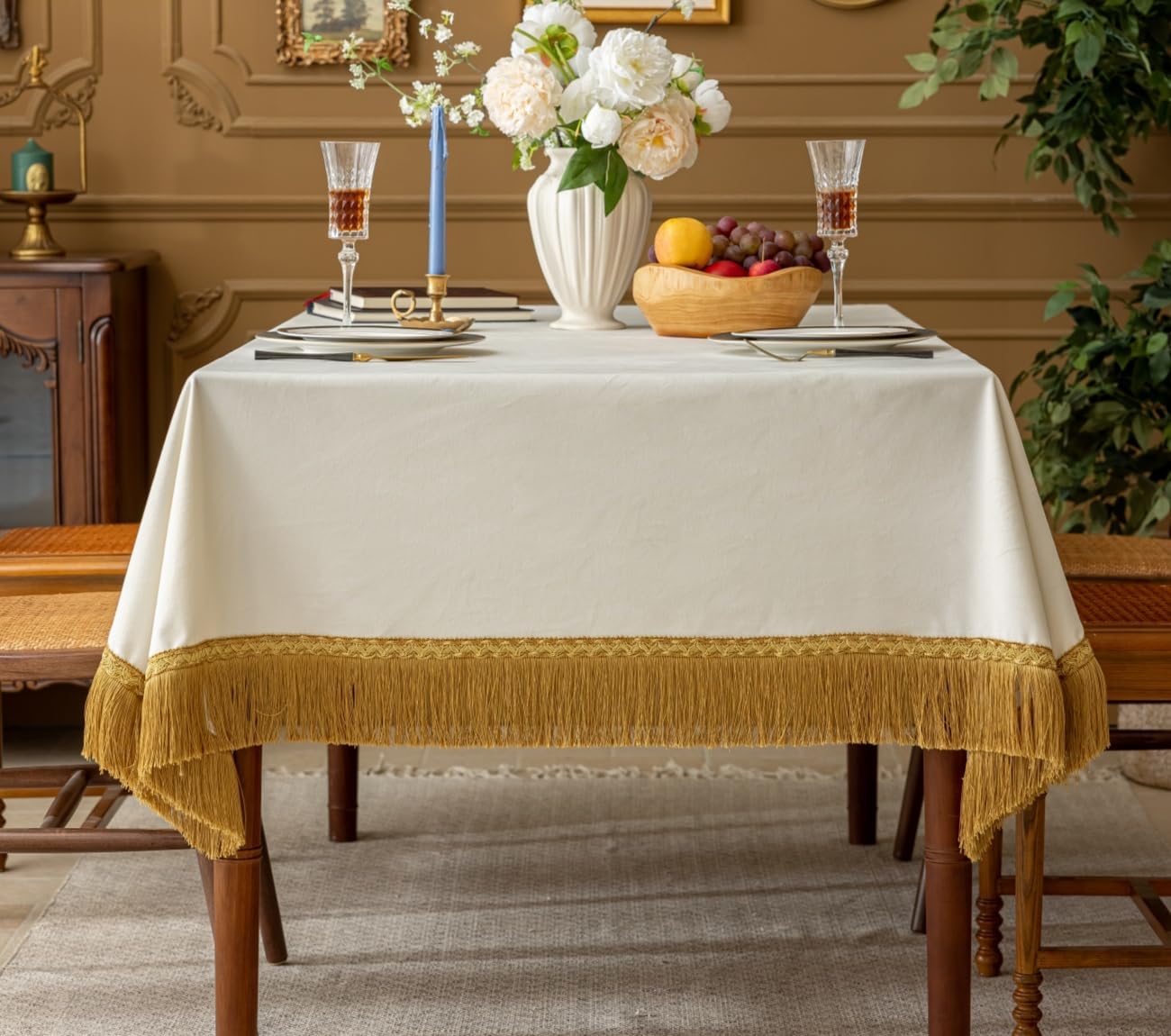 F-CHU White Tablecloth Thickset Velvet Tablecloth with Beautiful Gold Tassels Vintage Table Cloth for Home Decor Wedding, Party, Banquet and Events 60x120-Inch